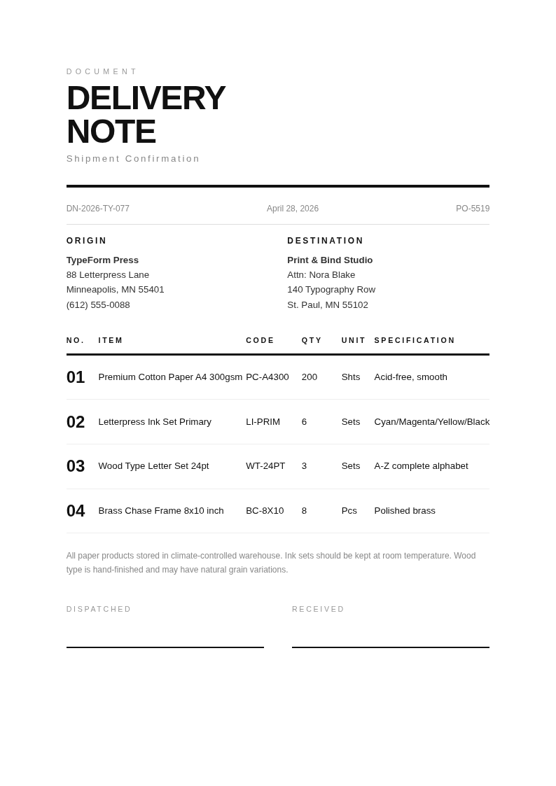 Typographic focused delivery note
